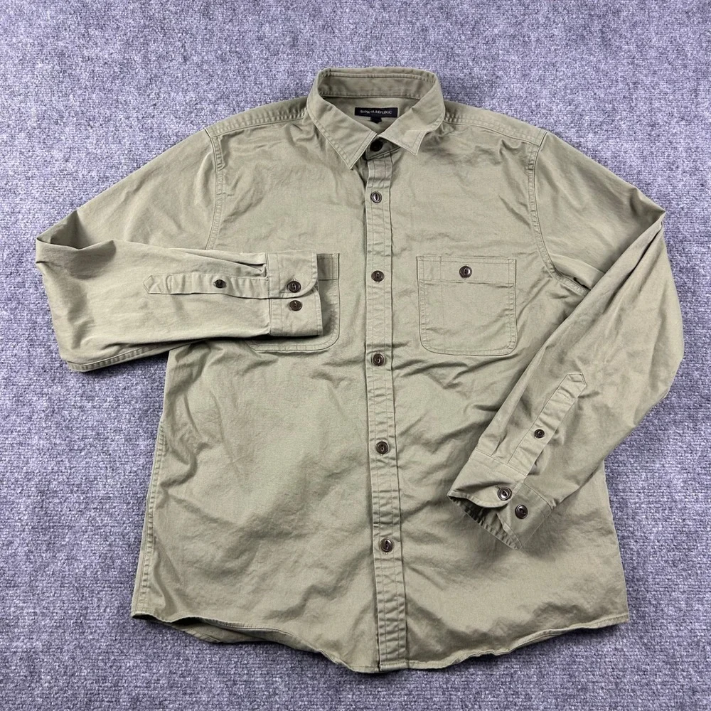 Banana Republic Shirt Mens Large Olive Green Cotton Stretch Utility Button Down